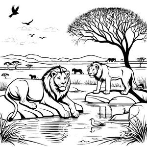 Fasziniert ruhende Löwen am Wasserloch Ausmalmotiv für kreative Safari-Fans