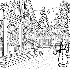 Frohes Schneemann-Basteln auf dem festlichen Weihnachtsmarkt Ausmalvorlage für kleine Winterliebhaber