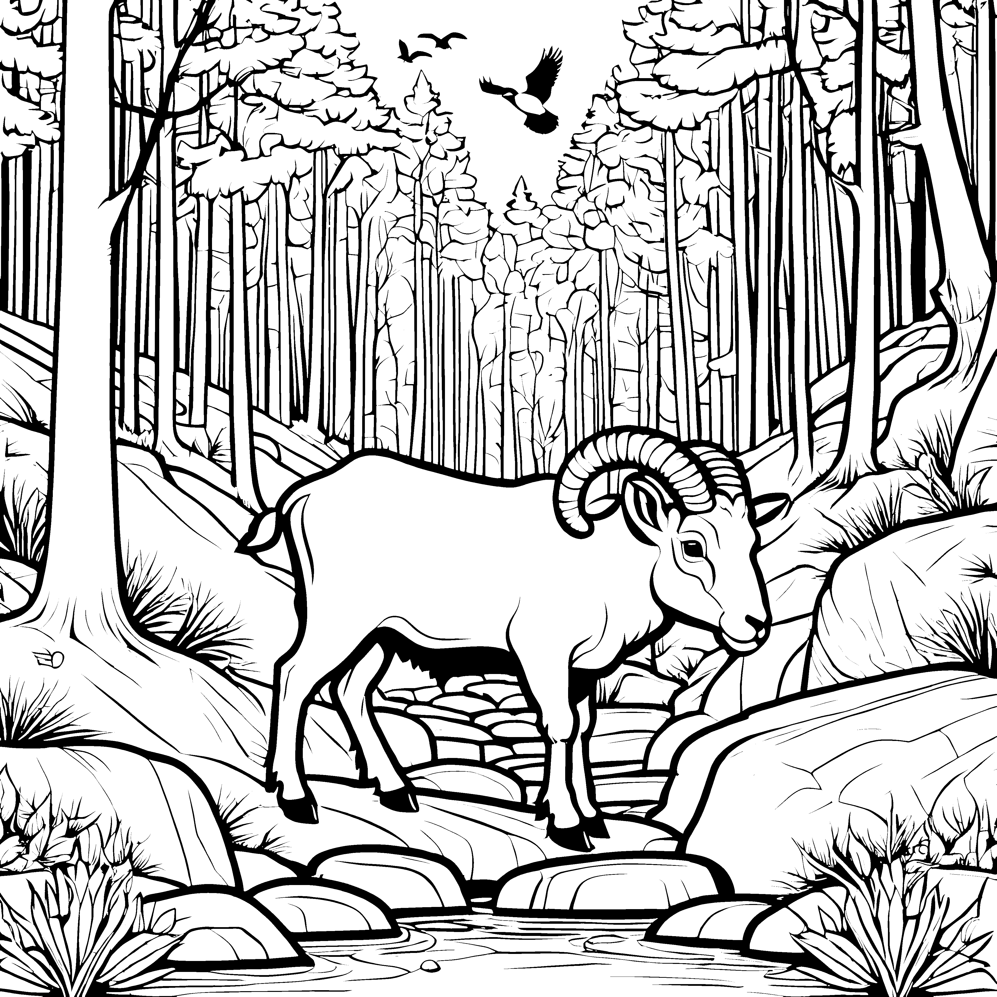 Majestätischer Widder im Wald beim Quellbächen Ausmalvorlage für abenteuerliche Naturfreunde