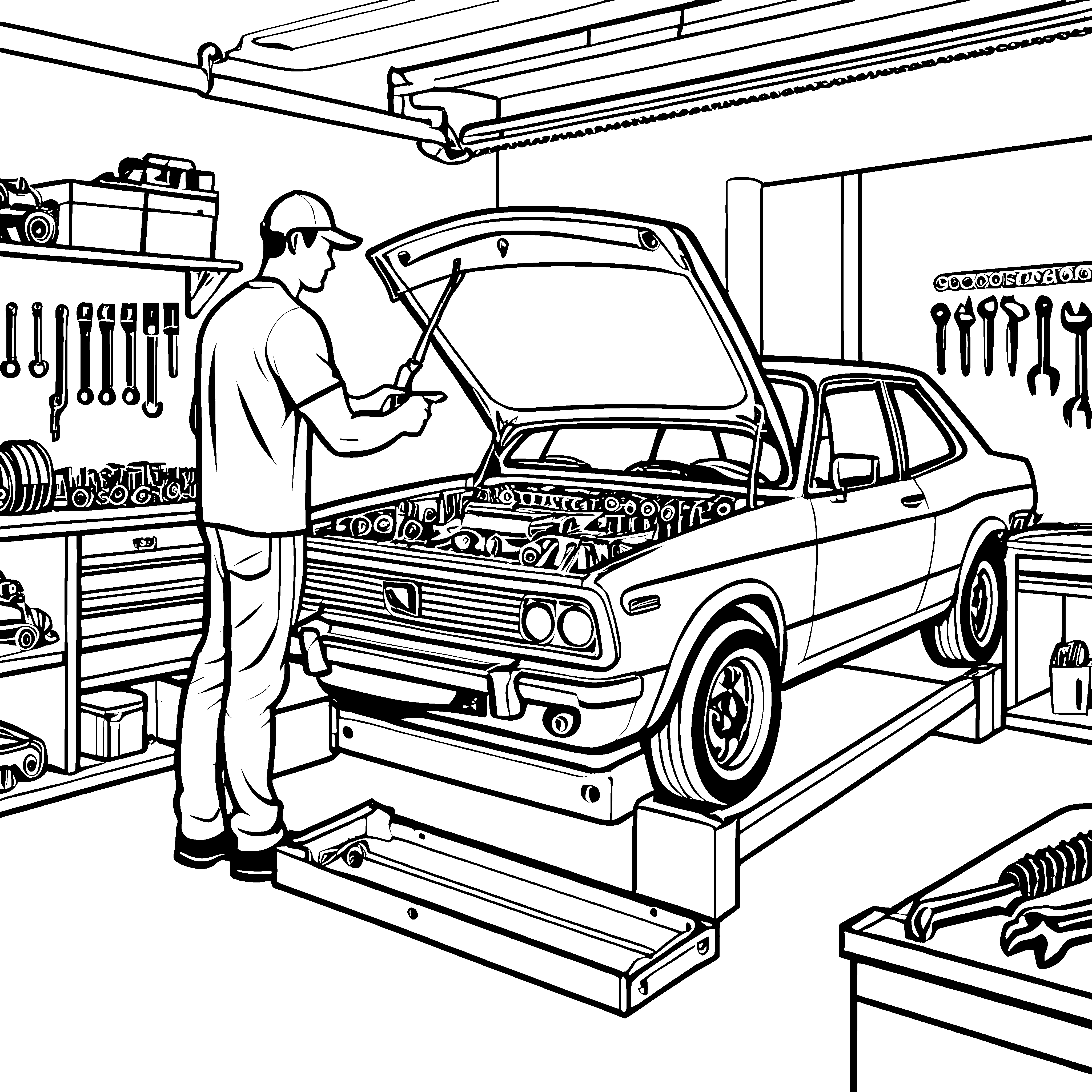 Motivierte Automechaniker bei der Arbeit Ausmalvorlage für junge Technikfans