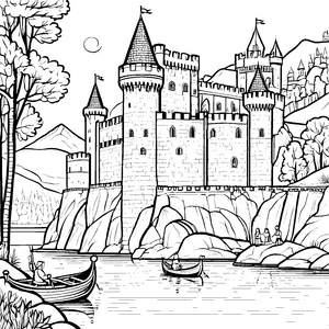 Majestätische Burg auf felsigem Grund Ausmalvorlage für mutige Baukünstler