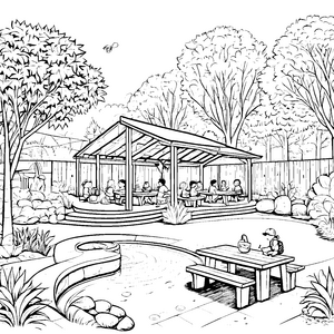 Lebendige Kindergruppe im Kindergarten-Garten Ausmalmotiv für fantasievolle Abenteurer