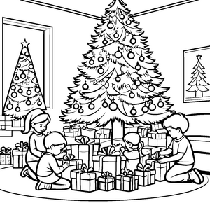 Festliche Kinder beim Geschenkeauspacken Ausmalbild für neugierige Weihnachtsentdecker
