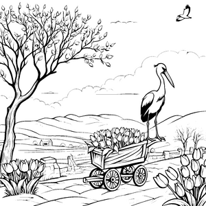 Storch auf bunter Blumenkarre Ausmalbild für kleine Naturfreunde