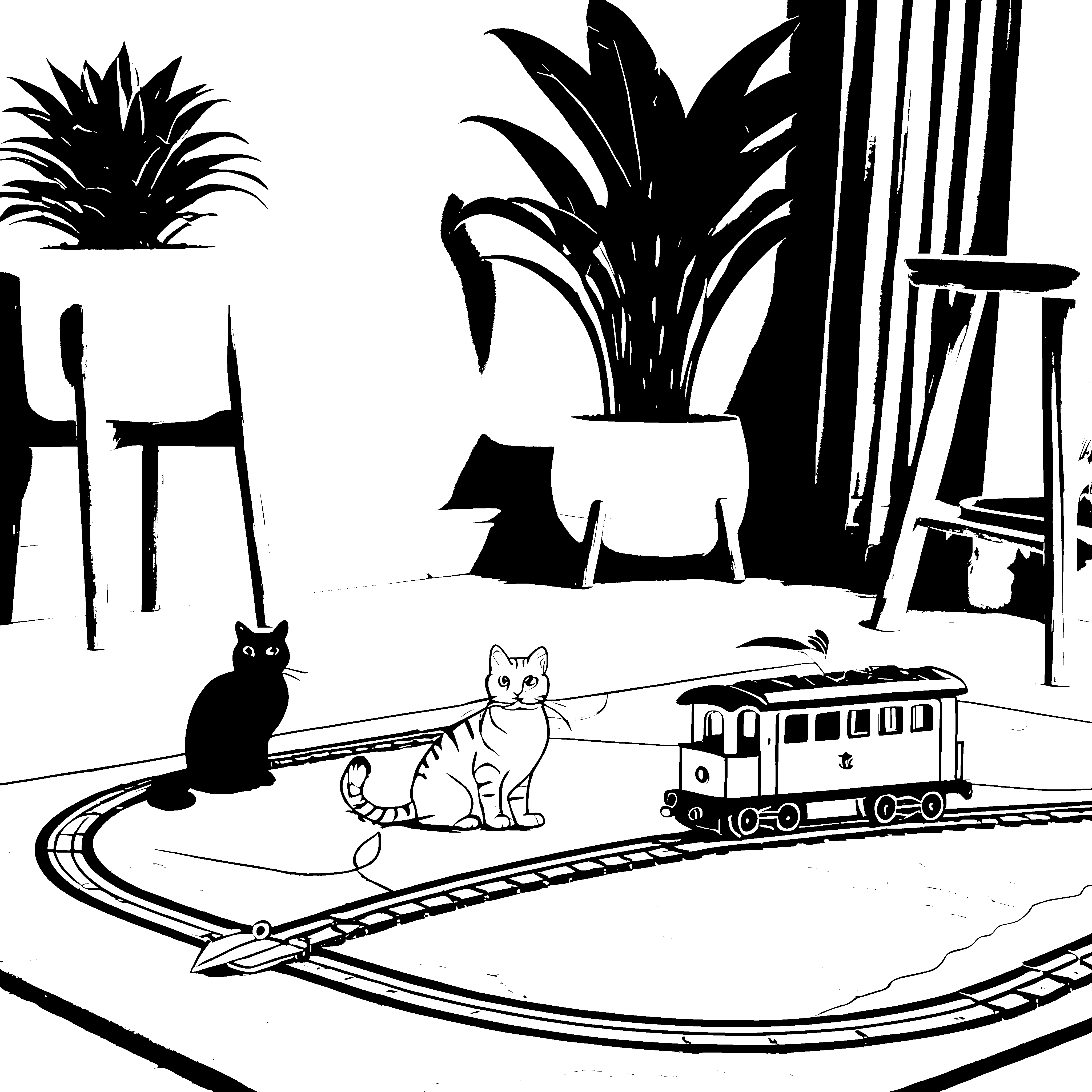 Schmusekatzen mit Spielzeugzug im Wohnzimmer Ausmalbild für kreative Katzenfreunde
