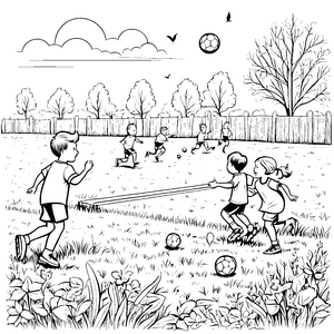 Fußballspielende Kinder im sonnigen Garten Ausmalbild für kleine Sportfreunde