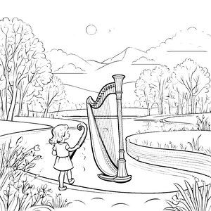 Wundervolle Harfe am glitzernden Fluss Ausmalmotiv für musikalische Träumer