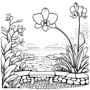 Majestätische Orchideen am idyllischen Steg Ausmalmotiv für inspirierte Künstler