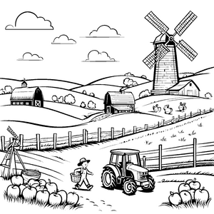 Fröhlicher Junge mit Erntekorb auf dem Bauernhof Ausmalbild für kleine Naturforscher