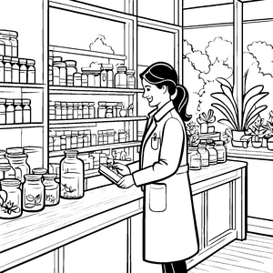 Vitalisierende Apothekerin im blühenden Kräutergarten Ausmalbild für kleine Gesundheitshelden