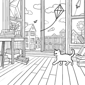 Neugierige Katze in sonnigem Fenster Ausmalvorlage für kreative Entdecker