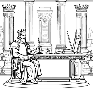 Weiser Monarch an historischem Tisch Ausmalvorlage für kleine Geschichtenerzähler