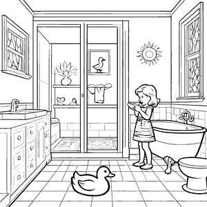 Bezaubernde Badezimmer mit fröhlicher Ente Ausmalmotiv für kreative Wasserratten