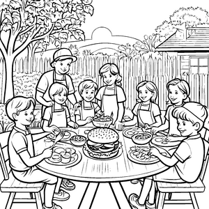 Fröhliches Hamburger-Fest im Garten Ausmalmotiv für kleine Küchenchefs