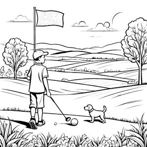 Golfspieler mit treuem Hund auf grüner Wiese Ausmalbild für kleine Sportenthusiasten