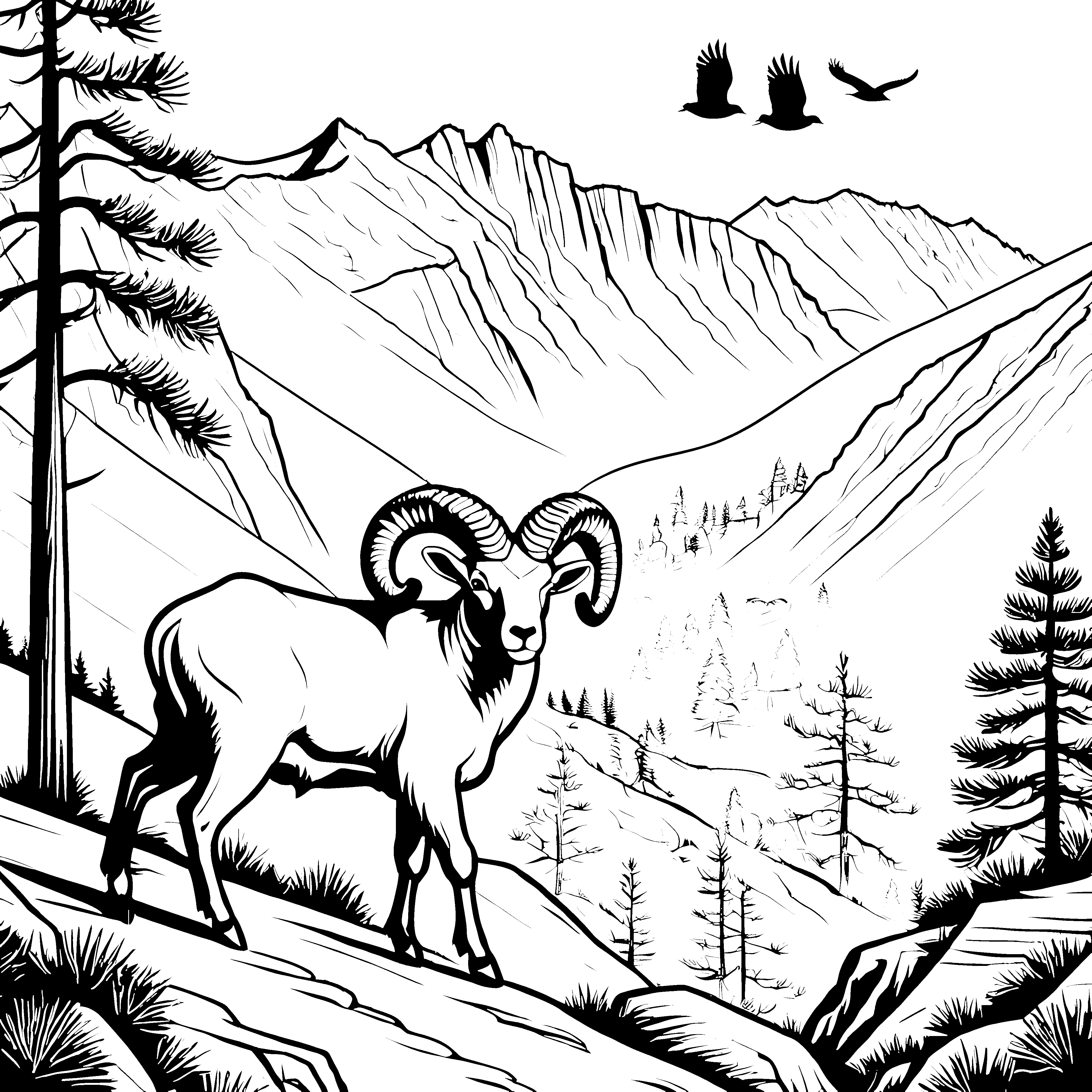 Majestätischer Widder auf hügeliger Landschaft Ausmalvorlage für neugierige Naturfreunde