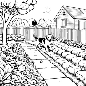 Beagle im blühenden Garten Ausmalvorlage für abenteuerlustige Tierfreunde