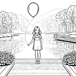Fröhliches Mädchen mit Luftballon am Wasser Malvorlage für abenteuerliche Entdecker