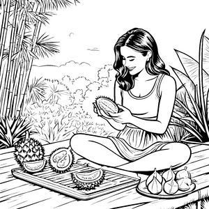 Kreative Durian-Entdeckerin mit köstlichem Fruchtgenuss Ausmalvorlage für kleine Gourmets