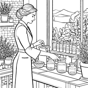Kreative Apothekerin mit bunten Heilkräutern Ausmalbild für wissbegierige Entdecker