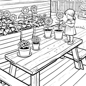 Sonnige Blumenvielfalt im bunten Blumenkübel Ausmalbild für kleine Gartenfreunde