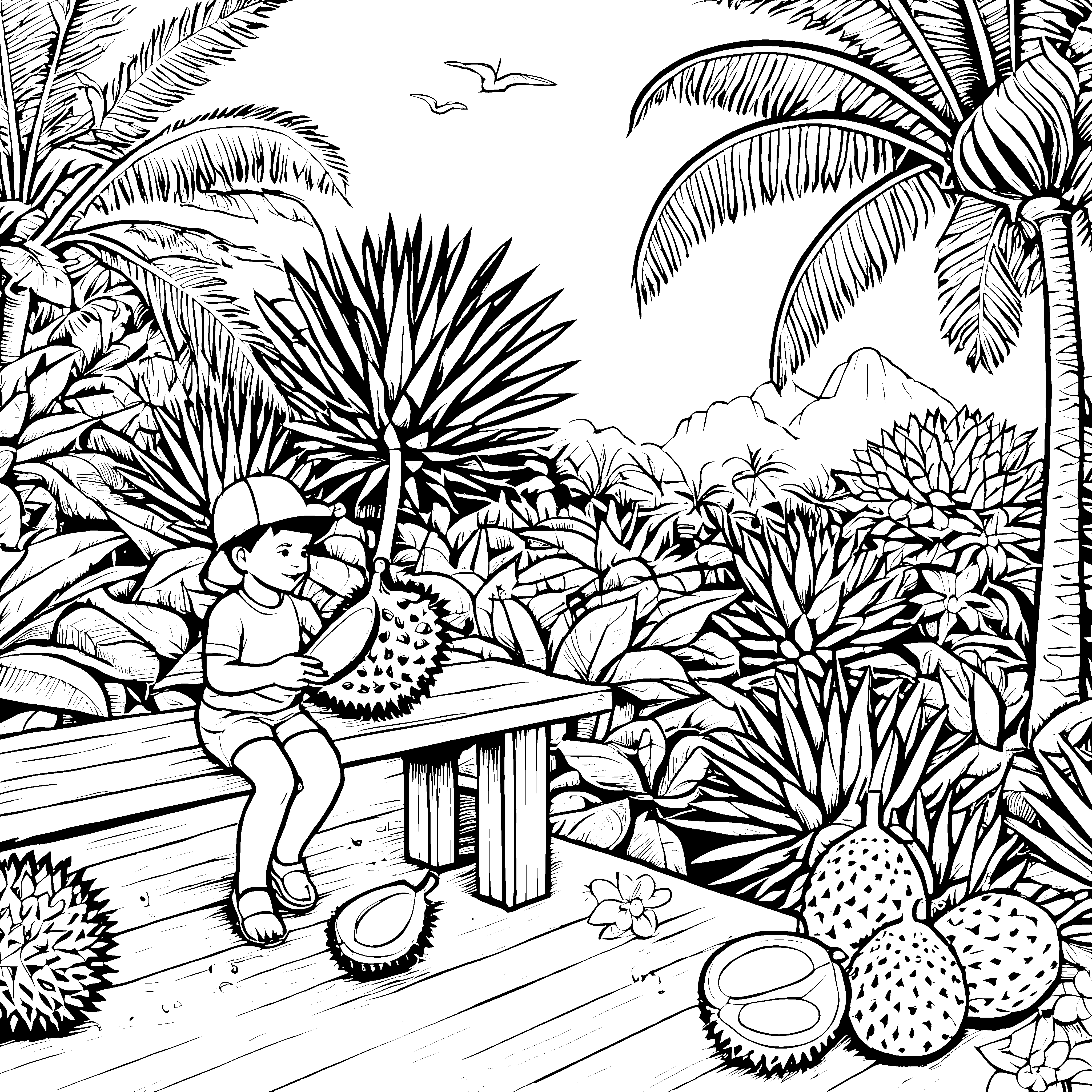 Durian genießen im tropischen Garten Ausmalvorlage für neugierige Entdecker