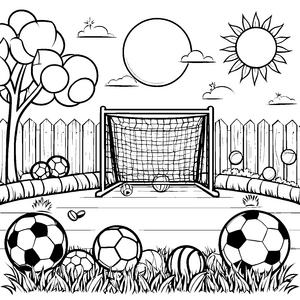 Bunte Sportbälle in fröhlichem Garten Ausmalmotiv für abenteuerlustige Kinder