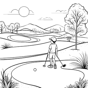 Abenteuerlicher Golfer auf der grünen Wiese Ausmalvorlage für kleine Sportenthusiasten