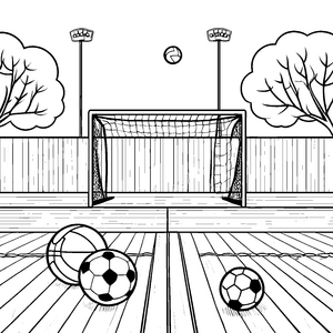 Bunte Sportbälle im lebhaften Spielbereich Ausmalmotiv für energiegeladene Spieler