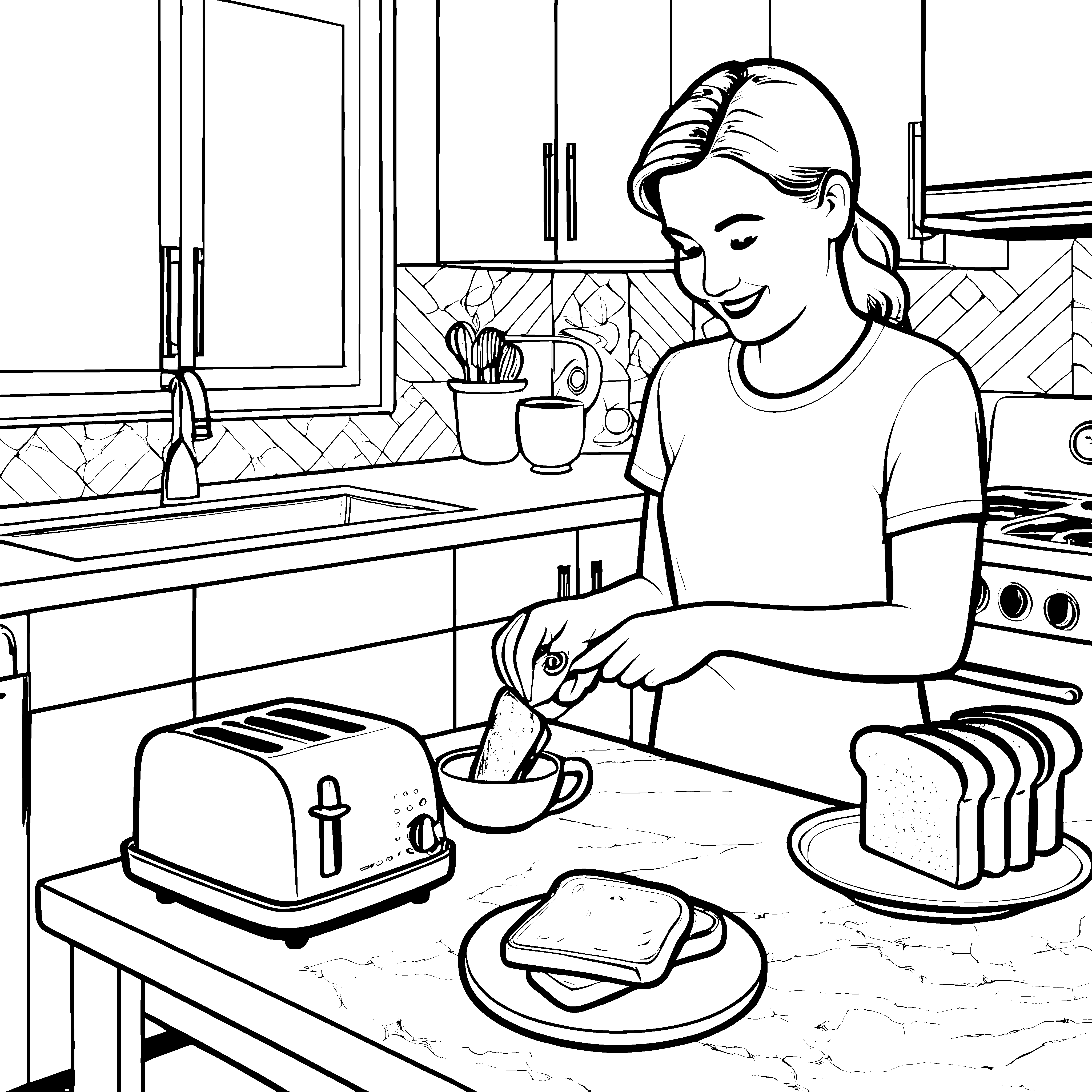 Fröhlicher Toaster mit knusprigem Toast Ausmalvorlage für begeisterte Frühstückskünstler