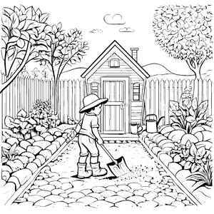 Kreativer Gartenhelfer mit Schaufel Ausmalbild für kleine Naturbäcker