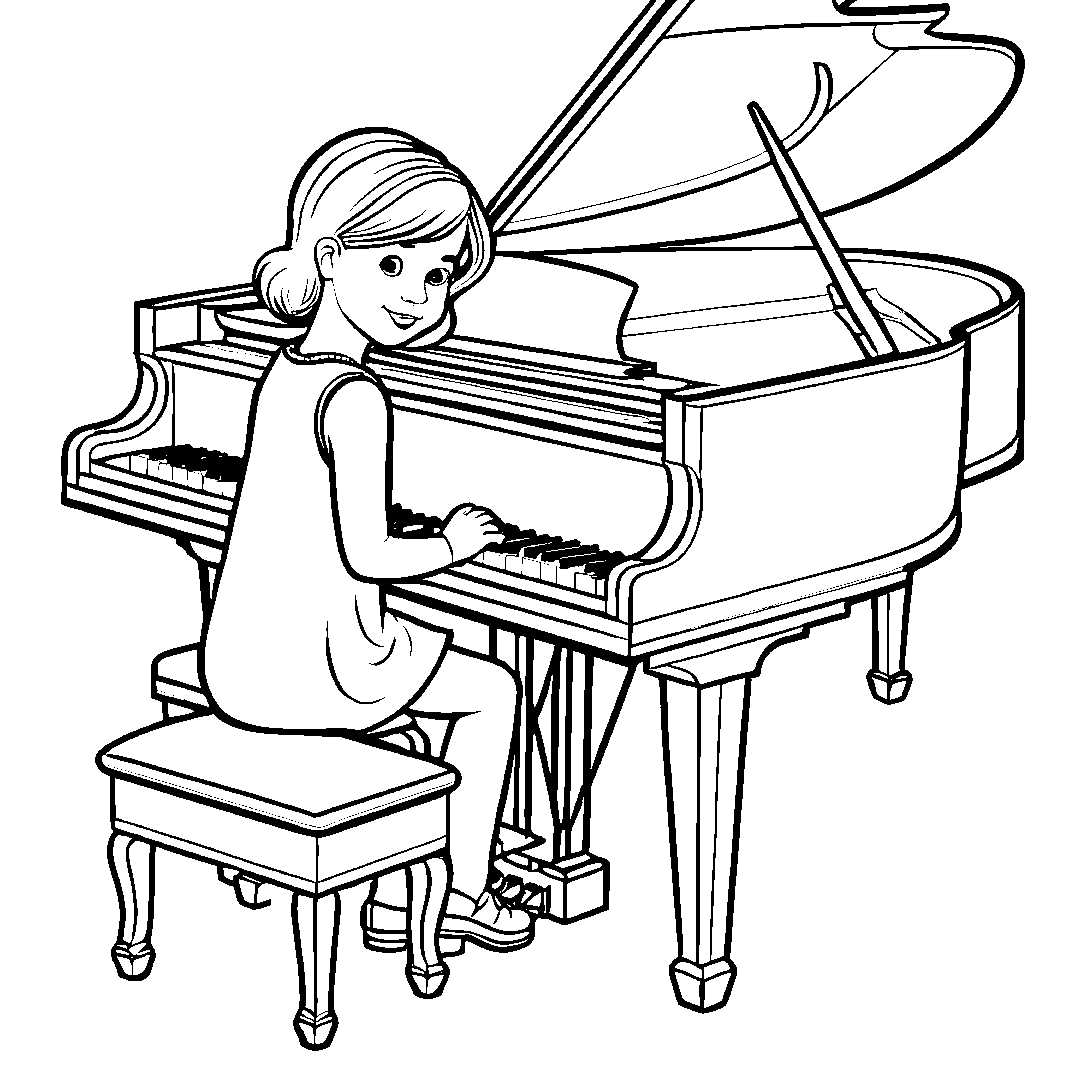 Fröhliches Mädchen spielt Melodien am Klavier Ausmalbild für kreative Musikentdecker