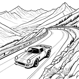 Rasanter Rennwagen auf kurvenreicher Bergstraße Ausmalbild für sportliche Entdecker