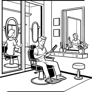 Frisier-Action in moderner Haarsalon-Atmosphäre Ausmalvorlage für stilechte Künstler