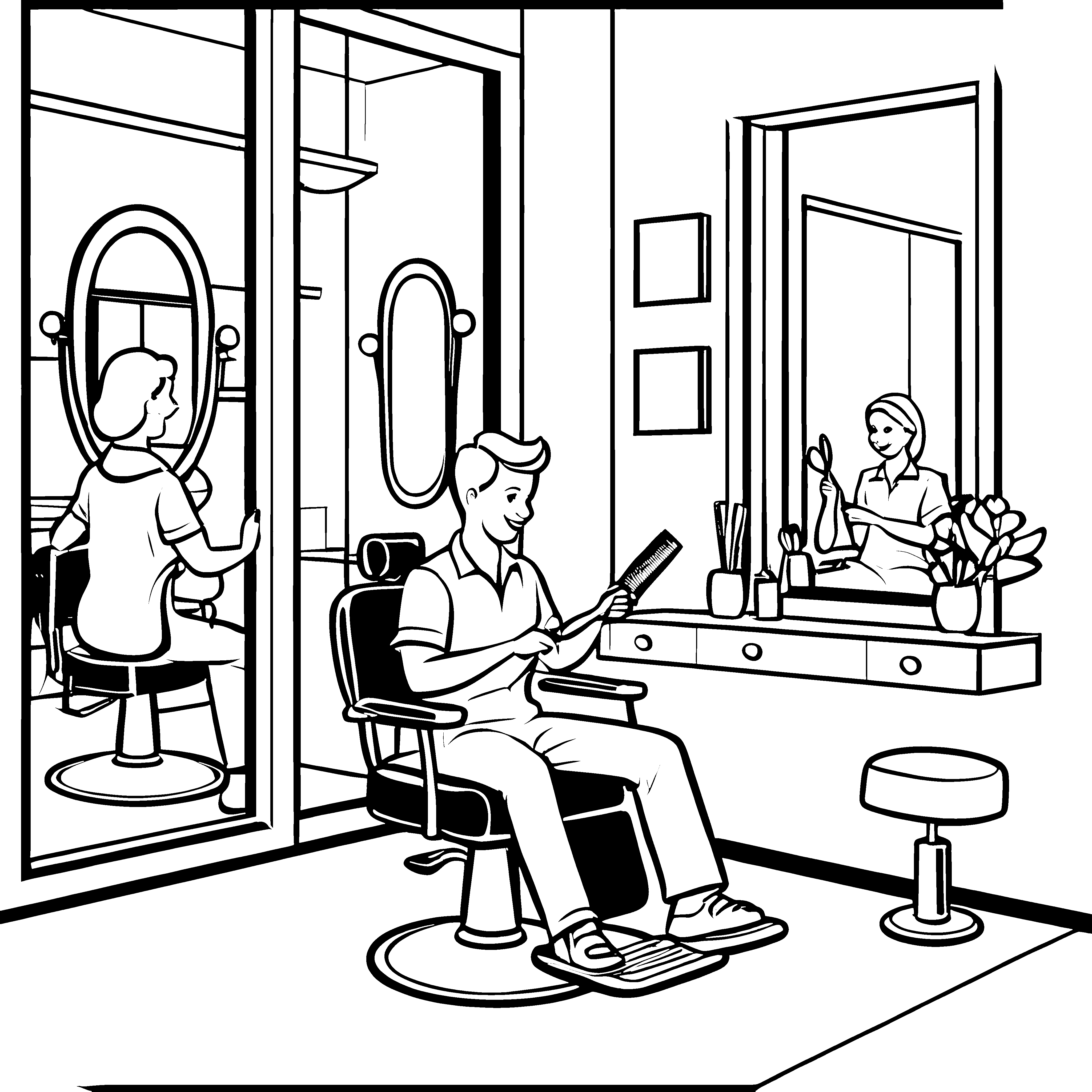 Frisier-Action in moderner Haarsalon-Atmosphäre Ausmalvorlage für stilechte Künstler