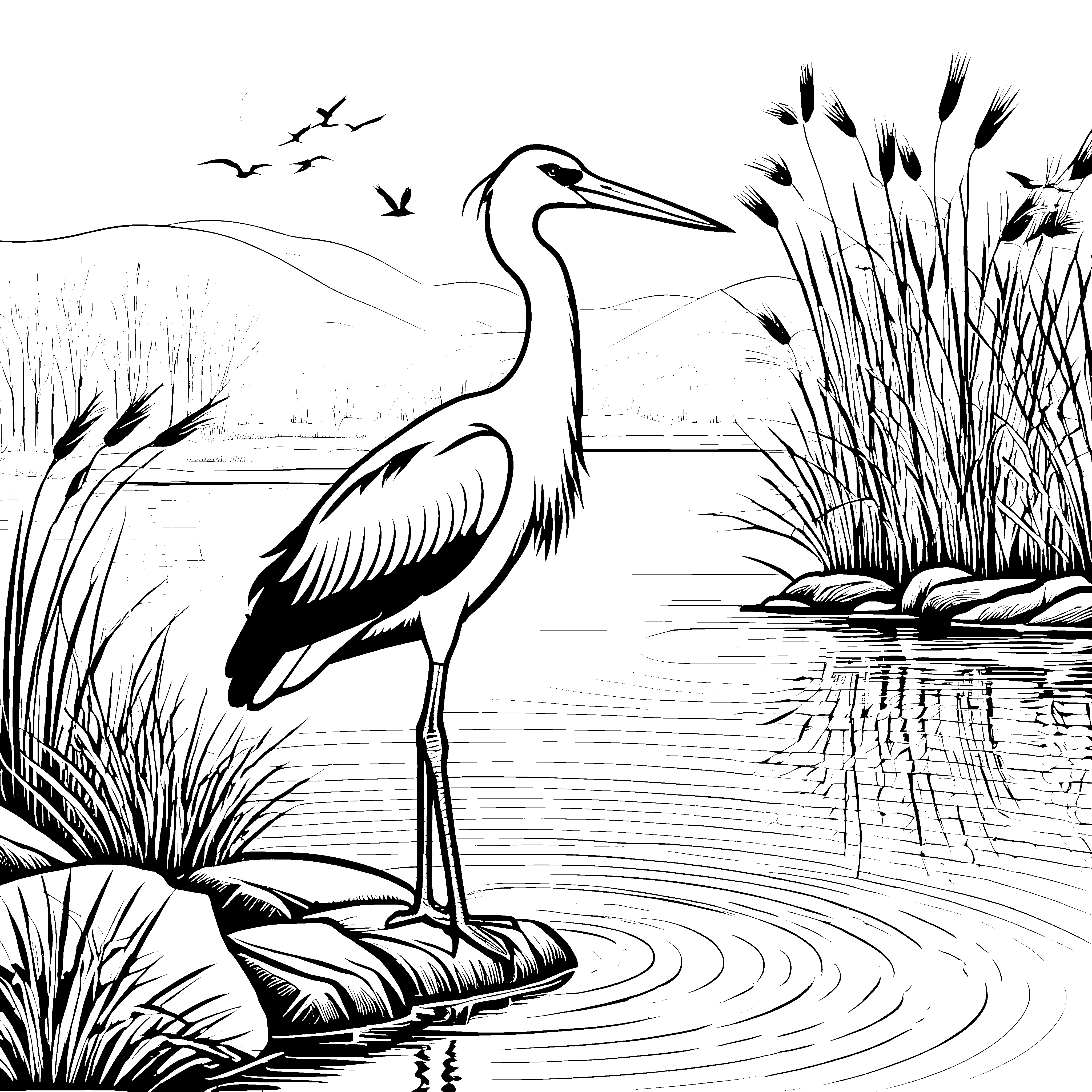 Eleganter Reiher im Wasser Malvorlage für angehende Naturkünstler