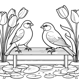 Zwei verliebte Vögel auf Gartenbank Malbild für neugierige Naturliebhaber