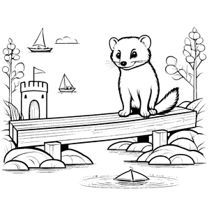 Frettchen auf der abenteuerlichen Holzbrücke Ausmalmotiv für neugierige Tierfreunde