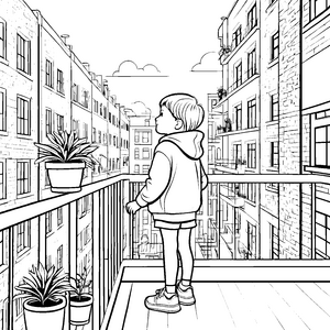 Entspanntes Kind beobachtet die Stadt vom Balkon Ausmalvorlage für neugierige Entdecker