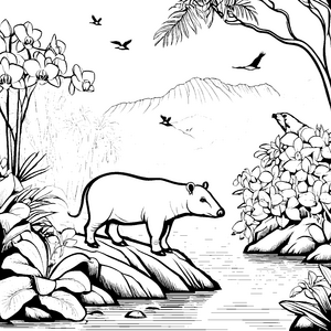 Entspanntes Tapir am glitzernden Teich Ausmalbild für abenteuerlustige Naturfreunde