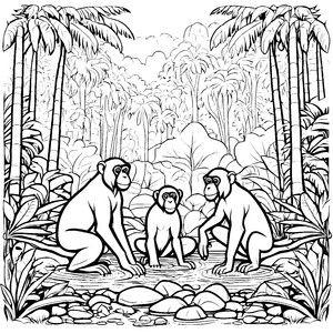 Verspielte Bonobos am Wasserfall Ausmalvorlage für neugierige Dschungelforscher