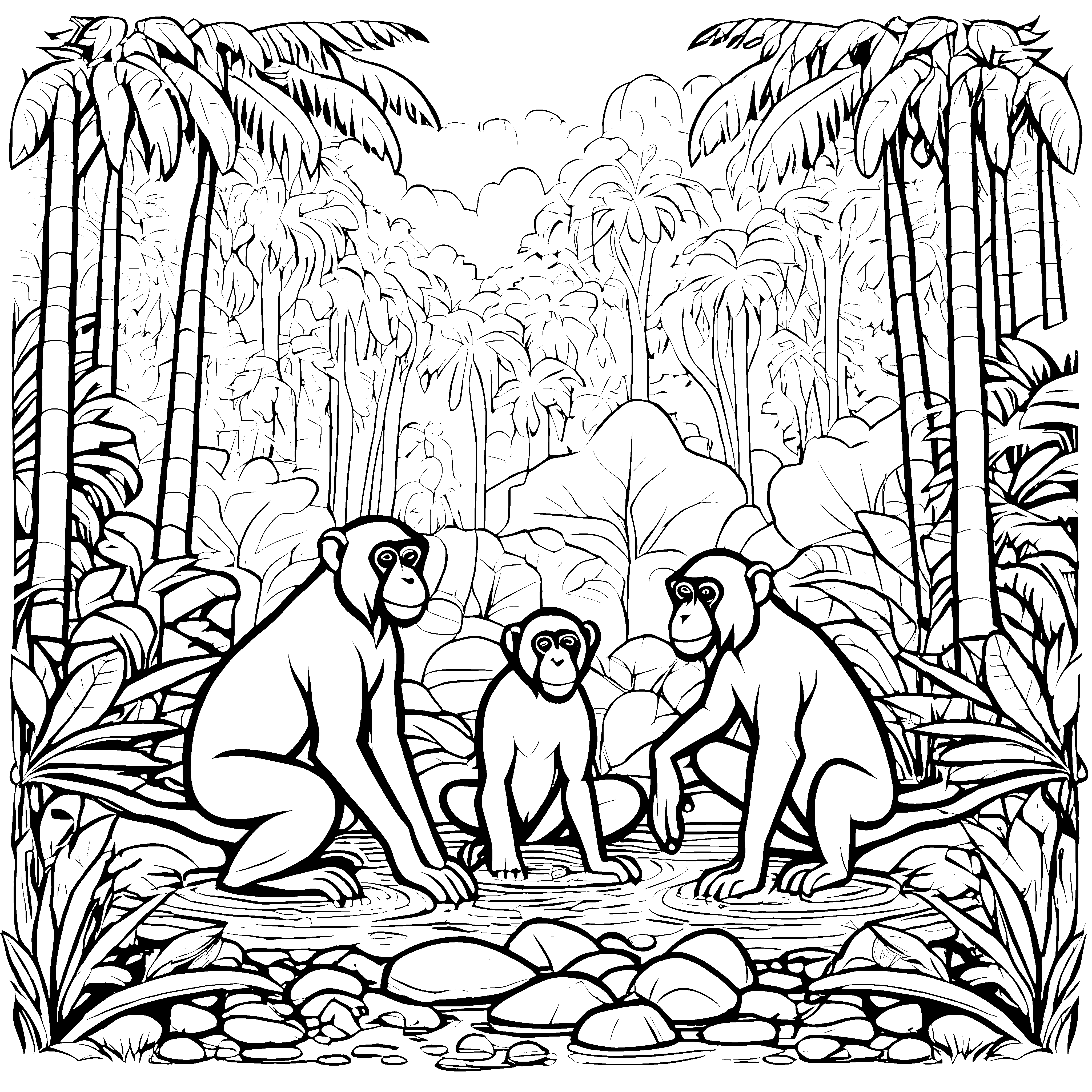 Verspielte Bonobos am Wasserfall Ausmalvorlage für neugierige Dschungelforscher
