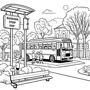 Lebhafte Bushaltestelle mit Kindern und freundlichem Bus Ausmalmotiv für neugierige Entdecker