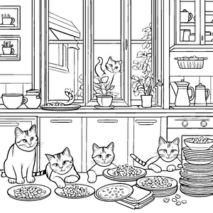 Vierte fröhliche Katzen genießen leckere Snacks Ausmalvorlage für hungrige Naturfreunde
