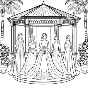 Elegantes Hochzeitskleider vor romantischem Pavillon Ausmalvorlage für stilbewusste Künstler