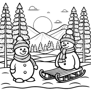 Lustige Schneemänner beim Rodeln Ausmalbild für fröhliche Winterfreunde