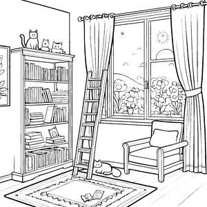 Gemütlicher Bücherschrank mit neugierigen Katzen Ausmalbild für fantasievolle Leseratten