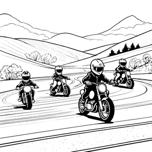 Rasante Renn-Motorräder auf abenteuerlicher Kurvenfahrt Ausmalbild für mutige Geschwindigkeitsliebhaber
