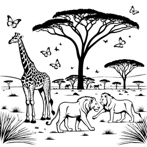 Zwei verspielte Löwen und elegante Giraffe Ausmalbild für abenteuerlustige Tierfreunde