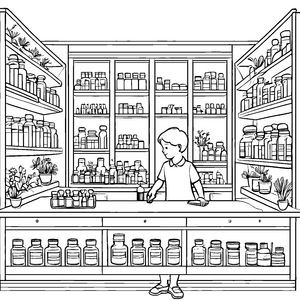 Heiterer Junge im Apothekerladen Ausmalbild für neugierige Entdecker